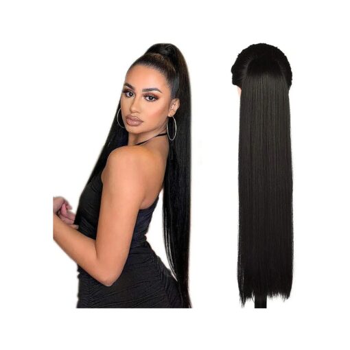 24 Inch ( Can Be 26 Inch ) Straight Hair Ponytail 2 Clips in Ponytail Hair Extensions Straight Hair Drawstring Ponytail For Ladies 125g/Piece Synthetic Hairpiece Ponytail Smooth & Soft Natural Black ( 1B )