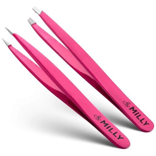 Precision Tweezers Set | Slanted and Pointed Tip Tweezers Kit | High Carbon Stainless Steel | Aligned & Hand-Filed Tweezer Set Professional | Hair Removal & Eyebrow Tweezer Set | Pink