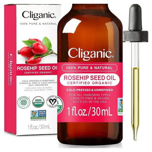 Cliganic USDA Organic Rosehip Seed Oil for Face, 100 % Pure | Natural Cold Pressed Unrefined Non-GMO | Carrier Oil for Skin, Hair & Nails