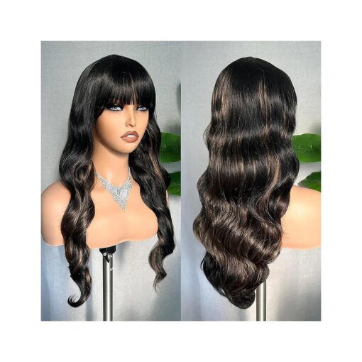 SOKU Highlight Brown Wavy Wig with Bangs Synthetic 26 Inch Long Natural Wave Bangs Wigs for Women Heat Friendly Non-lace Wig with Bangs Middle Part with Simulated Scalp Realistic Daily Wigs