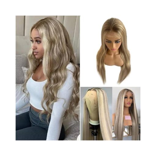 Highlight Lace Closure Wig Human Hair, Highlights Ombre Ash Brown to Beige and Plaitnum Blonde Lace Front Straight Wigs 9A Brazilian Vigin Hair Glueless Lace Front Wigs Pre Plucked Hairline for Women