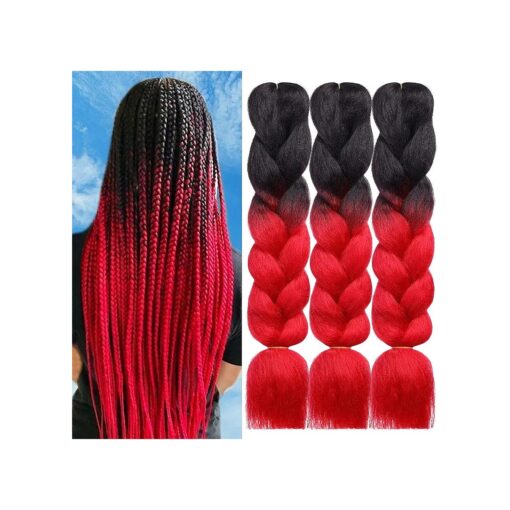 HAIRCUBE Ombre Braiding Hair 24 Inch 3 Packs Pre Stretched Box Braids Colorful Twist Braiding Hair Extensions Synthetic Crochet Braiding ( Black/Red )