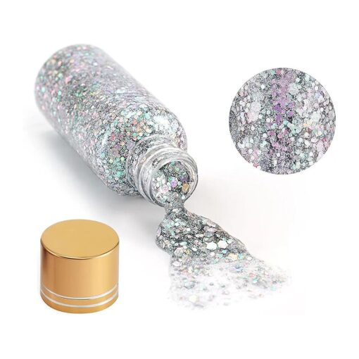 Holographic Body Glitter Gel, Mermaid Sequins Face Glitter Makeup for Body, Hair, Face, Nail, Eyeshadow, Long Lasting Waterproof Party Glitter for Festival Stage Nightclubs, 1oz ( Laser Silver )