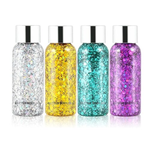 Body Glitter Gel Set 4 Colors Sequins Chunky Glitter Gel Colorful Eyeshadow Glitter Holographic Body Gel for Festival Party Face Makeup Hair Eye Lips Shimmer Gold, Silver, Purple, Green