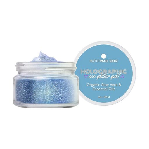 Holographic Face, Body Glitter Gel : for Women & Girls | Biodegradable Blue Glitter | Shimmer Body Lotion | Fine Glitter in Aloe Vera Gel & Essential Oil | by Ruth Paul Skin 2oz