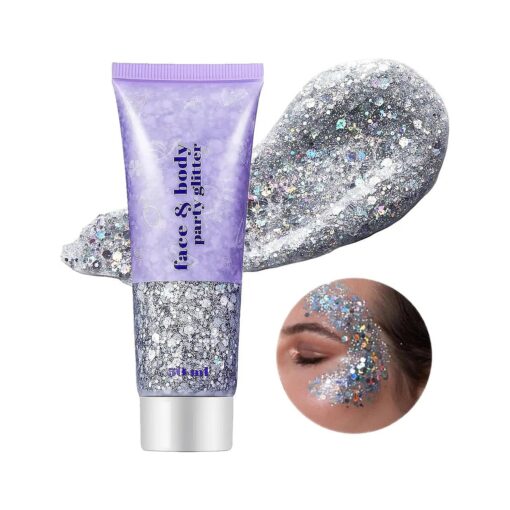 Go Ho Silver Body Glitter, Face Glitter Silver Hair Glitter Makeup, Holographic Chunky Glitter Eyeshadow/Lip/Nails Glitter Gel Sequins, Festival Glitter Rave Accessories,05 Silver Glitter