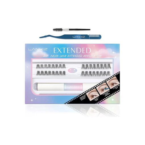 LANKIZ Lash Extension Kit, Lash Clusters Kit Individual Lashes Kit with Super Hold Bond & Seal Cluster Lash Glue, Faux Mink Lash Clusters Starter Kit at Home, Featherlight DIY Lash Extensions