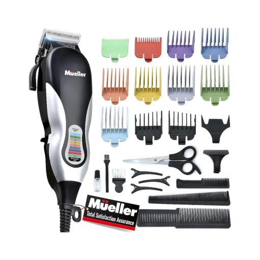 Mueller Ultragroom Hair Clipper and Trimmer, Pro Colored Haircutting Kit, for Men and Women, 12 Guide Combs, All-in-One Trimmer for Hair Beards Head Body Face