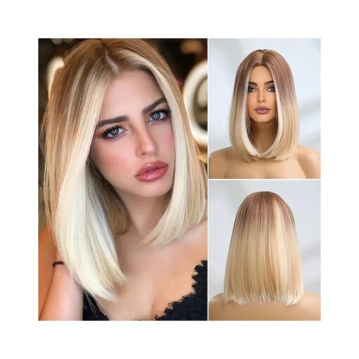 Medium length Honey blonde Bob Wigs, Omber Platinum Blonde Wigs for Women, Natural Looking Middle Part Synthetic Wig, Hair Replacement Highlight Wigs for Daily Cosplay Party Halloween Costume 14 inch