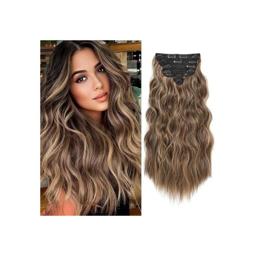 Clip in Hair Extensions for Women, 6PCS Long Wavy Curly Clip on Hair Extensions 20 Inch Honey Blonde Mixed Light Brown Synthetic Thick Hairpieces