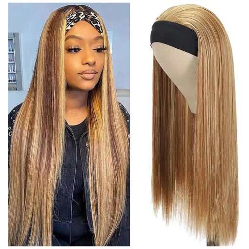 Synthetic Headband Wig Highlight Wig Honey Blonde Straight Wigs with Headband Party Daily Wig Heat Resistant Fiber Wig 30 INCH