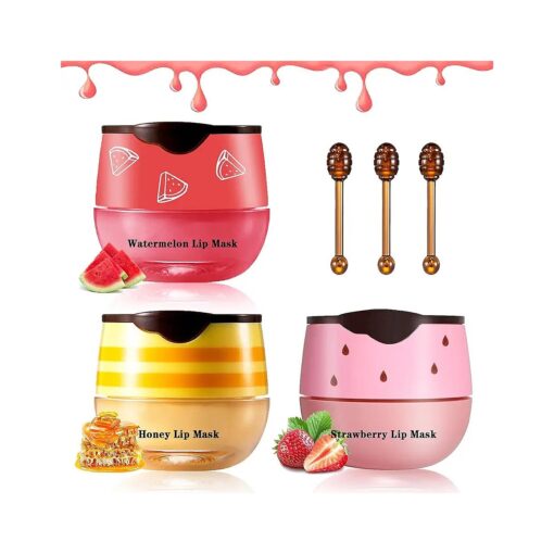 3PCS Bee Lip Balm Honey Pot Honey Strawberry Watermelon Lip Balm Sleeping Lip Mask Silky Hydrating Bee Lip Balm Honey Lip Mask Overnight Lip Care Products ( Honey+Strawberry+Watermelon )