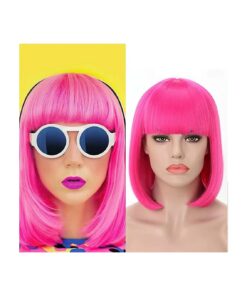 Rosa Star Short Bob Hot Pink Wig with Bangs Women 's Straight Synthetic Hair Wigs for Halloween Comic-con Costume Anime Cosplay Party