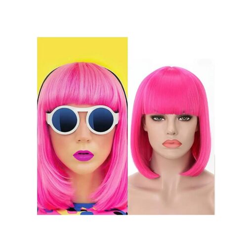 Rosa Star Short Bob Hot Pink Wig with Bangs Women 's Straight Synthetic Hair Wigs for Halloween Comic-con Costume Anime Cosplay Party