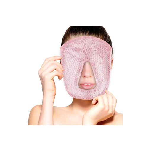 Hot and Cold Therapy Gel Bead Full Facial Mask by FOMI Care | Ice Face Mask for Migraine Headache, Stress Relief | Reduces Eye Puffiness, Dark Circles | Fabric Back ( Full Face w/o Eye Holes Pink )