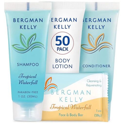 BERGMAN KELLY Hotel Toiletries Bundle ( Tropical Waterfall, 1 oz each, 200 Pieces ) 4-Piece Set : 50 Rectangular Bar Soap, 50 Shampoo, 50 Conditioner & 50 Body Lotion - Bulk Mini Guest Amenities