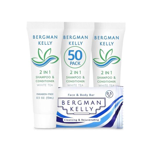 BERGMAN KELLY Rectangle Soap Bars, 2in1 Shampoo & Conditioner 2-Piece Set ( White Tea, 0.5 oz each, 100 pc ), Delight Your Guests with Revitalizing & Refreshing Sanitary Toiletries & Hotel Amenities