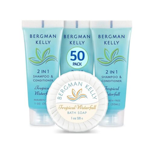 BERGMAN KELLY Round Soap Bars, 2in1 Shampoo & Conditioner 2-Piece Set ( Tropical Waterfall, 1 oz each, 100 pc ), Delight Your Guests with Revitalizing & Refreshing Sanitary Toiletries & Hotel Amenities