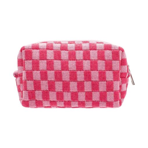 PAZIMIIK Checkered Makeup Bag for Purse Portable Zipper Make Up Pouch Small Cosmetic Case for Travel Accessories ( Hotpink )