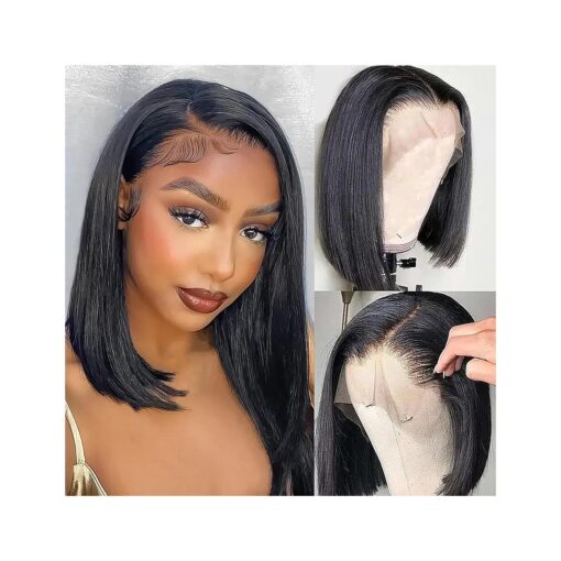 Bob Wig Human Hair 13x4 Hd Lace Front Wigs Human Hair Pre Plucked 180 Density Short Bob Wigs Lace Frontal Wig Glueless Wigs Brazilian Virgin Human Hair for Women with Baby Hair Natural Black 12 Inch