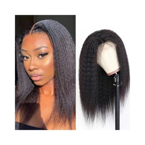 ZIYU 14 Inch Kinky Straight Human Hair Wigs for Women, 13X4 Kinky Straight Lace Front Wig human hair Pre Plucked Hairline with Baby Hair, 180 % Density Yaki Straight Frontal Wigs Natural Black Color