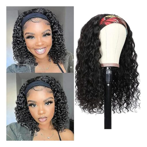 Headband Wig Human Hair Water Wave Human Hair Headband Wigs for Women Glueless None Lace Front Wig 180 % Density Curly Hair Wigs Human Hair with Headbands ( 12inch )