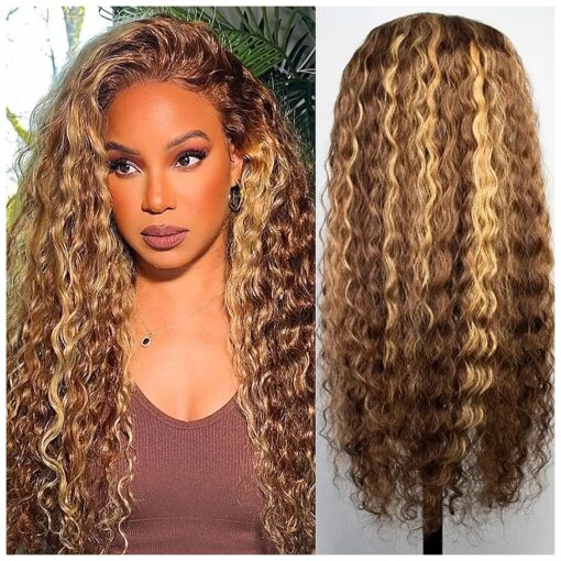 28inch Highlight Ombre Lace Front Wig Human Hair 13x4 HD Honey Blonde 4/27 Deep Wave Lace Frontal Wigs Glueless Wigs Human Hair Pre Plucked with Baby Hair 180 % Density