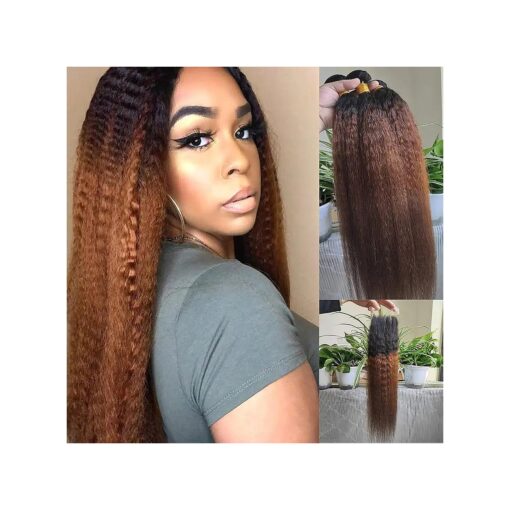 Ombre Human Hair Bundles With Closure Kinky Straight Ombre Brazilian Hair Bundles and Closure 100 percent Unprocessed Yaki Virgin Human Hair Bundles With Closure ( 10 12 14+10closure ), 10 12 14+10