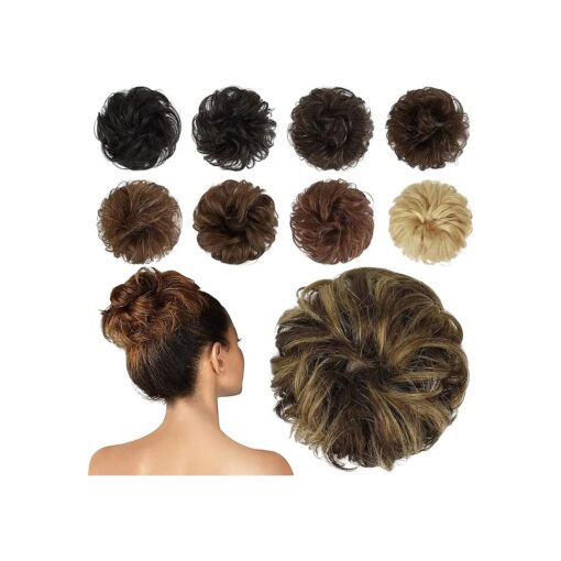 FESHFEN Human Hair Messy Buns, 100 % Human Hair Bun Hair Piece Real Hair Extension Wavy Curly Hair Scrunchies Tousled Updo Chignon Hairpieces for Women Girls Brown Mixed Blonde