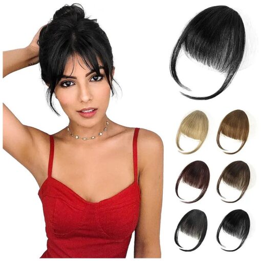 FLUFYMOOZ Clip in Bangs 100 % Human Hair, Bangs Hair Clip Extensions, Clip on Bangs Wispy Bangs French Bangs Fringe with Temples Hairpieces for Women, Fake bangs for Daily Wear ( Wispy Bangs Black )