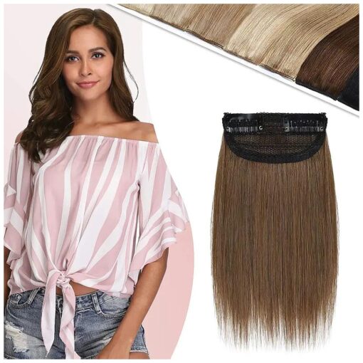 Human Hair Clip in Mini Hair Extensions for Men and Women 4 Inch # 6 Light Brown Short Straight Clip on Remy Hair Wiglet Topper Seamless Filler Hairpieces for Thinning Hair and Baldness