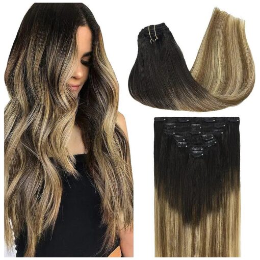 GOO GOO Clip in Hair Extensions Real Human Hair, 24inch 120g 7Pcs, 2/6/18 Balayage Brown to Dirty Blonde, Remy Human Hair Extensions Clip ins for Women, Natural Human Hair