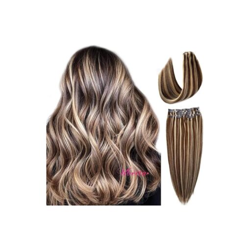 Clip in Hair Extensions Brown with Blonde Highlights Human Hair Extensions 7 Pieces 100G Skin Weft Remy Clip in Human Hair Extensions Fine Hair Full Head Silky Straight Real Hair Extensions for Women