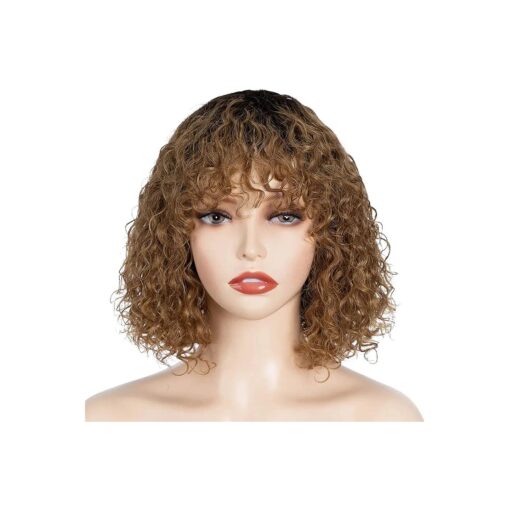 FASHION IDOL Short Curly Human Hair Wig with Bangs 10 Inch Jerry Curl Bob Wig for Black Women Brazilian Virgin Human Hair 150 % Density Ombre Gold