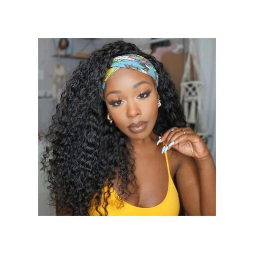 Deep Wave Headband Wig Human Hair Curly Headband Human Hair Wig for Black Women Wear and Go Glueless Wig for Beginners Deep Curly None Lace Front Human Hair Wig Natural Color 16 Inch