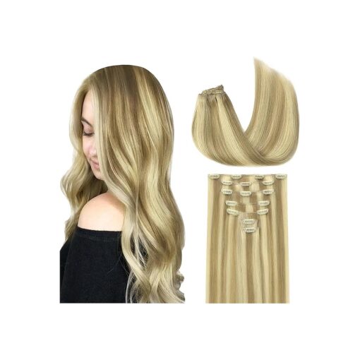 GOO GOO Clip in Hair Extensions Real Human Hair, 22inch 120g 7Pcs, 16/22 Light Blonde Highlighted Golden Blonde, Remy Human Hair Extensions Clip ins for Women, Natural Human Hair