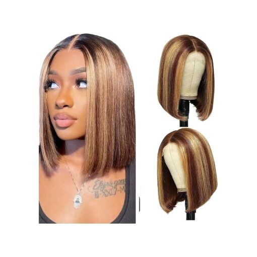 Ombre Highlight Bob Wig Human Hair 13x4 Lace Frontal Wig Ombre P4/27 Short Bob Lace Front Wigs Pre Plucked 180 % High Density Straight Bob Wig Human Hair Free Part ( 10Inch, P4/27 )