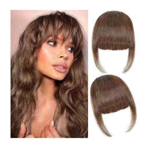 Bangs Hair Clip in Bangs, 100 % Human Hair French Bangs Clip in Hair Extensions, Dark Brown Fake Bangs Fringe with Temples Hairpieces for Women