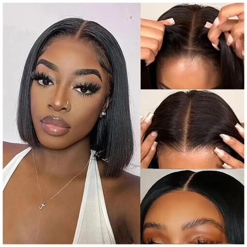 Glueless Wigs Human Hair Pre Plucked Pre Cut Wear and Go Bob Wig Human Hair for Women 5X5 Short Straight HD Lace Front Wigs Human Hair For Beginners 150 % Density Natural Black 16Inch