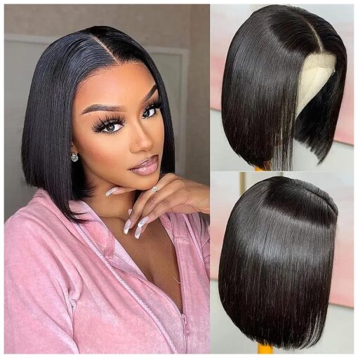 Lace Front Bob Wig Human Hair 13x4 Frontal Lace Wig Human Hair With Baby Hair Bleached Knots Virgin Glueless Human Hair Wigs for Black Women 150 % Density Natural Color 8inch