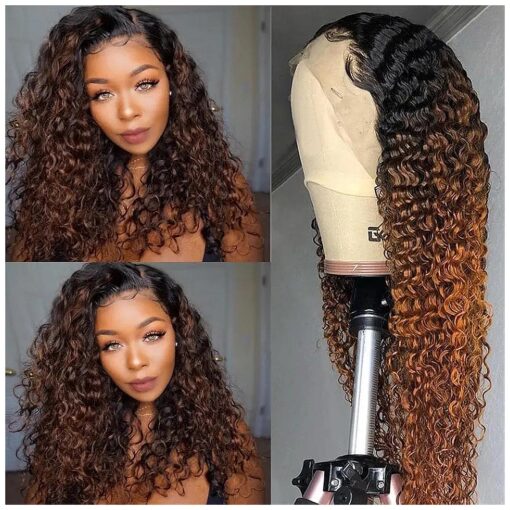 Ombre Curly Lace Front Wig Human Hair Glueless 13x4 Deep Wave Lace Frontal Wigs Human Hair Pre Plucked 1B30 Colored Brown Human Hair Wigs for Black Women 150 % Density 16 Inch