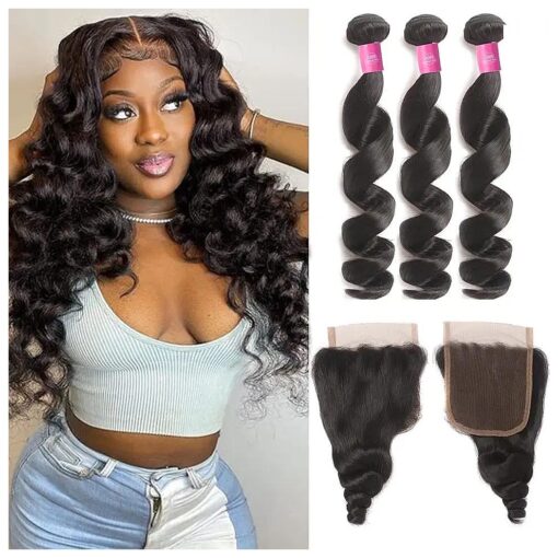 Loose Wave Human Hair Bundles and Closure Brazilian Virgin Loose Wave Curly Bundles with 4x4 Lace Closure ( 20 22 24+18 ) Human Hair Extensions Loose Wave 3 Bundles and Closure for Women Natural Color