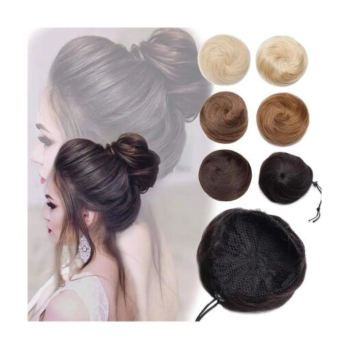 Messy Bun Hair Piece Human Hair Scrunchie Drawstring Hair Updo Clip in Bun Straight Wavy Chignons Puff Ponytail Hairpieces for Women Wedding Party Light Brown Straight # 6