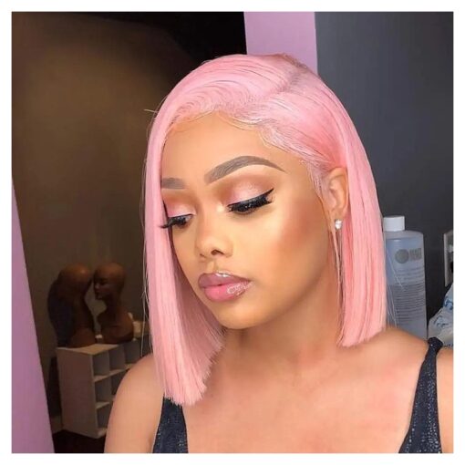 Pink Short Bob Wigs Natural Straight Wigs for Black Women 130 % Density Pre-plucked Lace Front Wigs Human Hair with Natural Hairline ( 10, Pink )