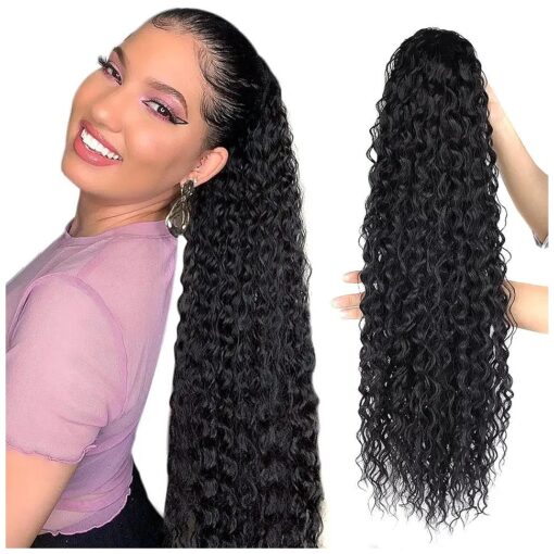 Black Ponytail-Extensions Curly-Drawstring Hair Extension Ponytail human hair Feeling Long 24Inch Wave Clip in Hair Extensions Ponytail Synthetic Hairpiece for Black Women ( 1 # ,5.64 OZ ) ...