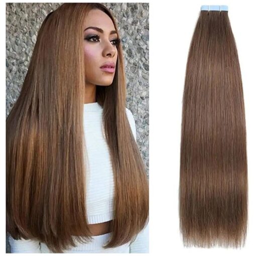 Amella Hair Tape in Hair Extensions Human Hair # 8 Light Brown 18 inches Straight Tape in Real Human Hair Seamless Skin Weft Tape in Hair Extensions Light Brown Color 40 Gram 20Pcs/Pack