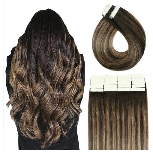 Tape In Hair Extensions 20pcs/50g Per Set # 1BT6P1B Natural Black to Chestnut Brown Highlight Black Piano Color Double Sided Tape Skin Weft Remy Silk Straight Hair Glue in Extensions Human Hair 14 Inch