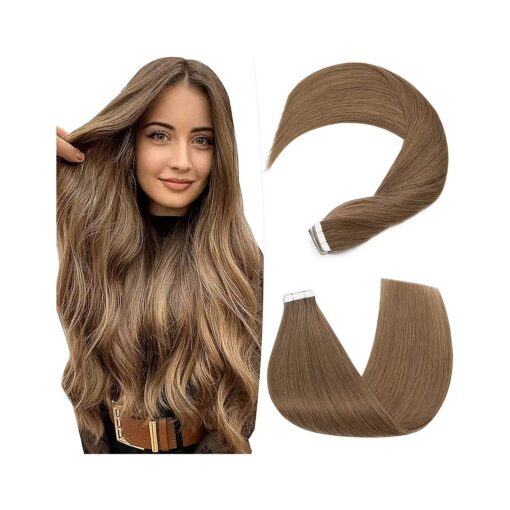 Hairro Tape In Hair Extensions Human Hair Seamless Tape Ins For Women Remy Tape On Glue In Hairpieces Rooted Skin Weft 12 inch 40g 20pcs # 06 Light Brown