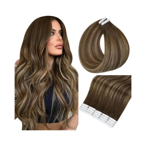 Full Shine Tape in Hair Extensions Human Hair 12Inch Invisible Hair Extensions 30 Gram Tape in Remy Hair 4 Medium Brown Fading to 24 Blonde Highlight 4 Double Sided Tape Hair