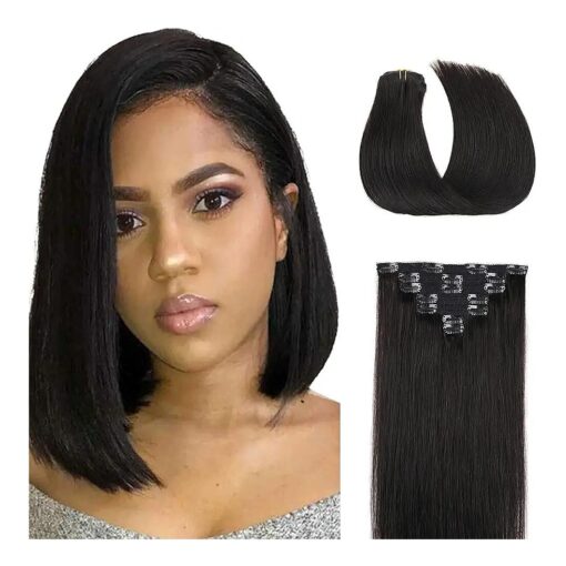 Clip In Extensions Human Hair, Double Weft Remy Hair 70g 7pcs Silky Straight 12 Inches # 1B Natural Black Clip in Hair Extensions